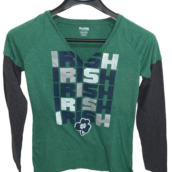 Notre Dame Fighting Irish Long Sleeve V Neck T Shirt Proedge Youth Large Green - Picture 1 of 4